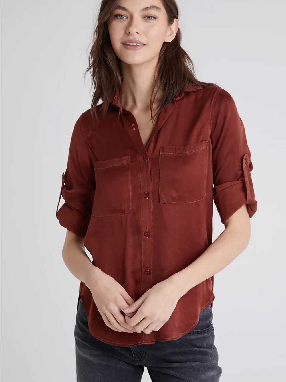 Bella Dahl Rust Button Down Shirt Two Pocket Roll Tab Sleeve Size S